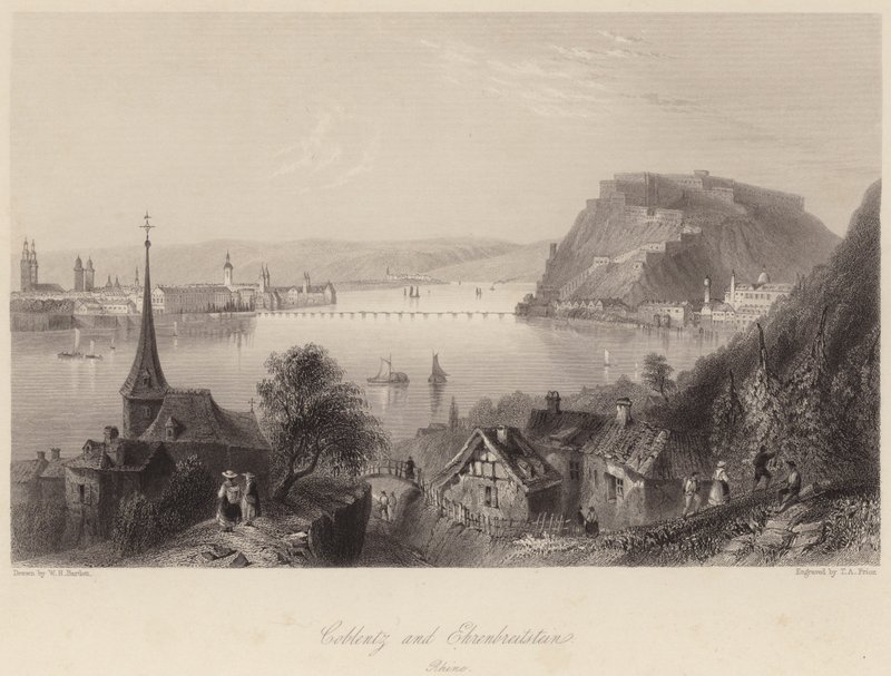 Coblentz och Ehrenbreitstein (gravyr) av William Henry (after) Bartlett