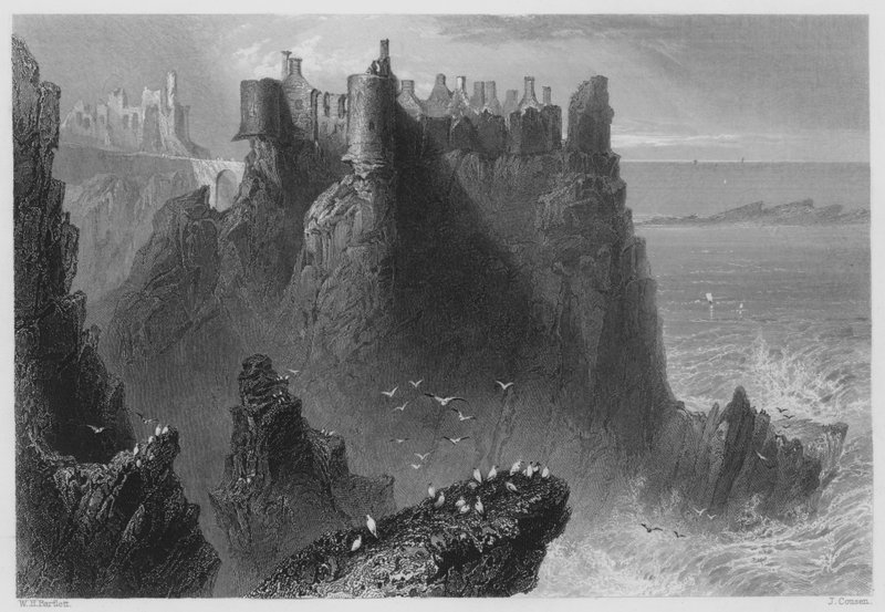 Dunluce Castle (gravyr) av William Henry (after) Bartlett