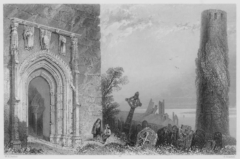 Ingångsdörren till Temple Mc Durmot, Clonmacnoise (gravyr) av William Henry (after) Bartlett