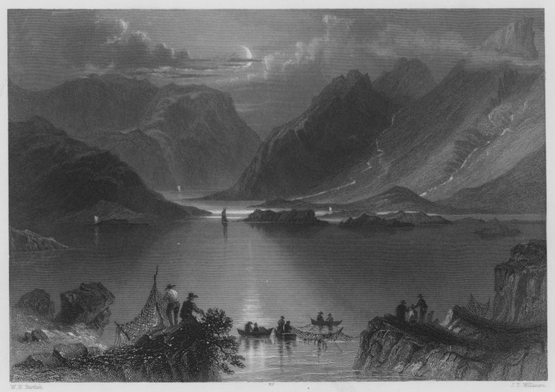 Head of the Killeries, Connemara (gravyr) av William Henry (after) Bartlett