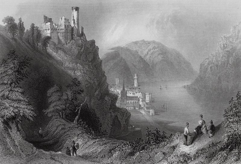 Oberwesel och slottet Schomberg (gravyr) av William Henry (after) Bartlett