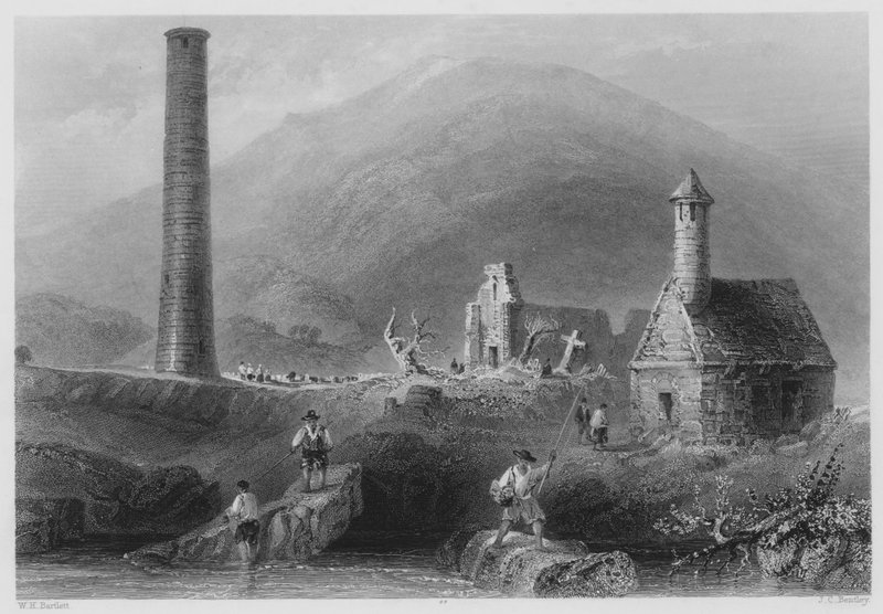 Round Tower, etc, Glendalough, County Wicklow (gravyr) av William Henry (after) Bartlett