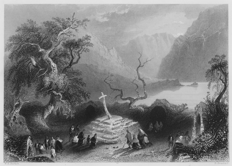 Scen vid Gougane Barra (gravyr) av William Henry (after) Bartlett