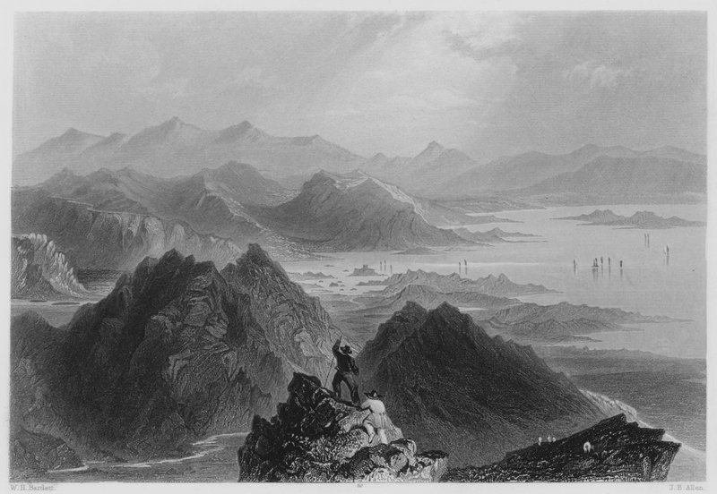 Scen från Sugar loaf Mountain, Bantry Bay (gravyr) av William Henry (after) Bartlett