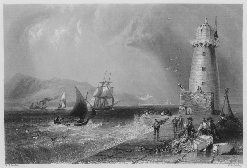 South-wall Light-house, med Howth-kullen i fjärran (gravyr) av William Henry (after) Bartlett