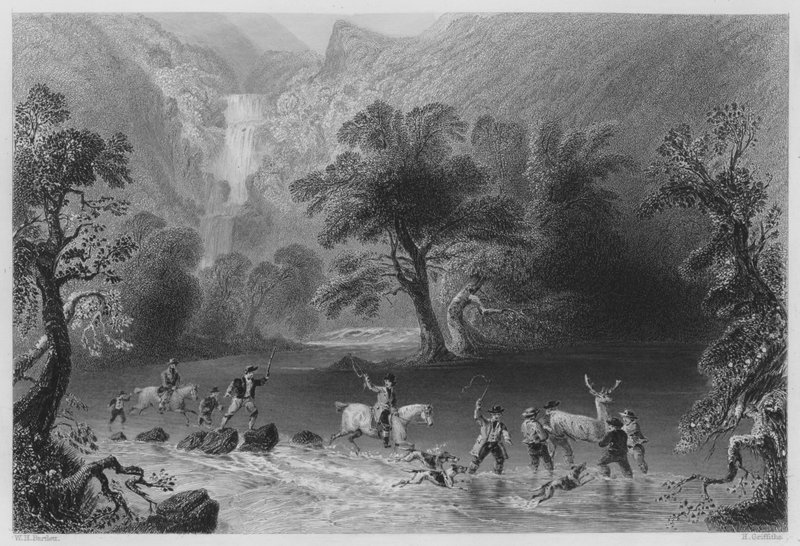 Att ta en hjort, nära Derrycunnihy Cascade, Killarney (gravyr) av William Henry (after) Bartlett
