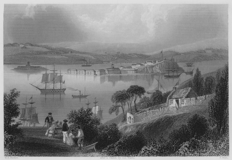 The Cove of Cork, nu Queenstown (gravyr) av William Henry (after) Bartlett