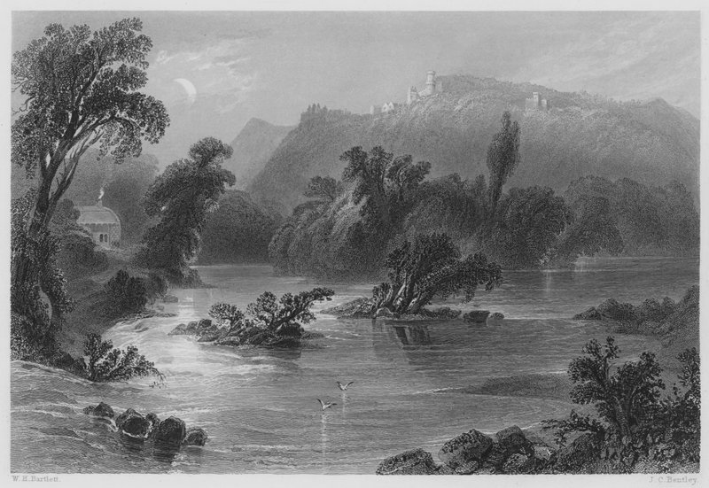 The Meeting of the Waters, Vale of Ovoca (gravyr) av William Henry (after) Bartlett