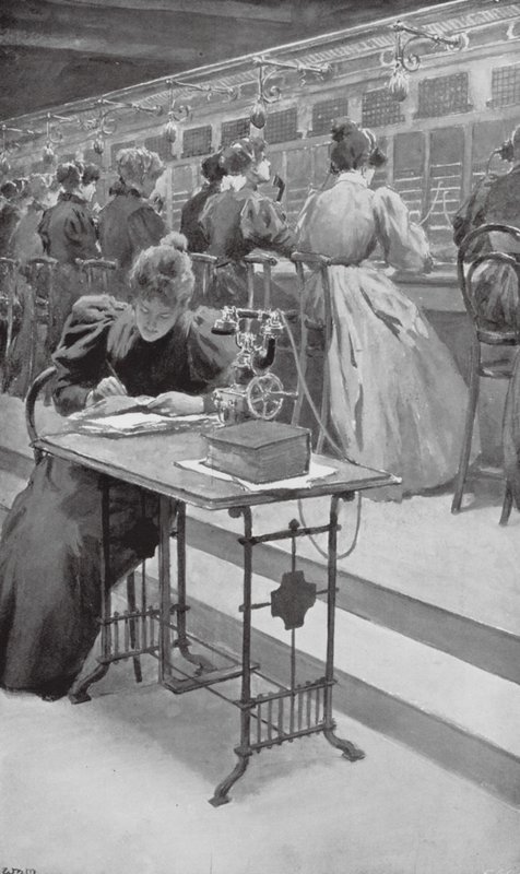 I arbete i ett telefonrum (litho) av William Henry (after) Margetson