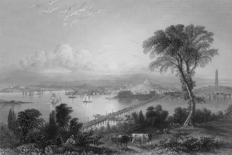 Boston och Bunker Hill (från öst) (gravyr) av William Henry Bartlett