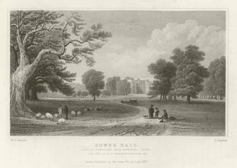 Bower Hall, Steeple Bumpstead, nära Haverhill, Essex, säte för Elly Anderson Stephens, Esquire av William Henry Bartlett