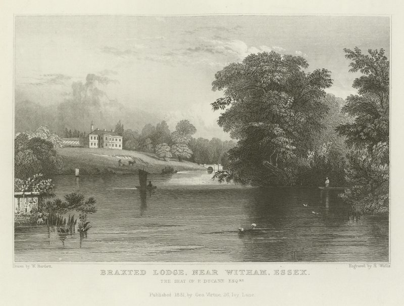 Braxted Lodge, nära Witham, Essex, sätet för P Ducane, Esquire av William Henry Bartlett