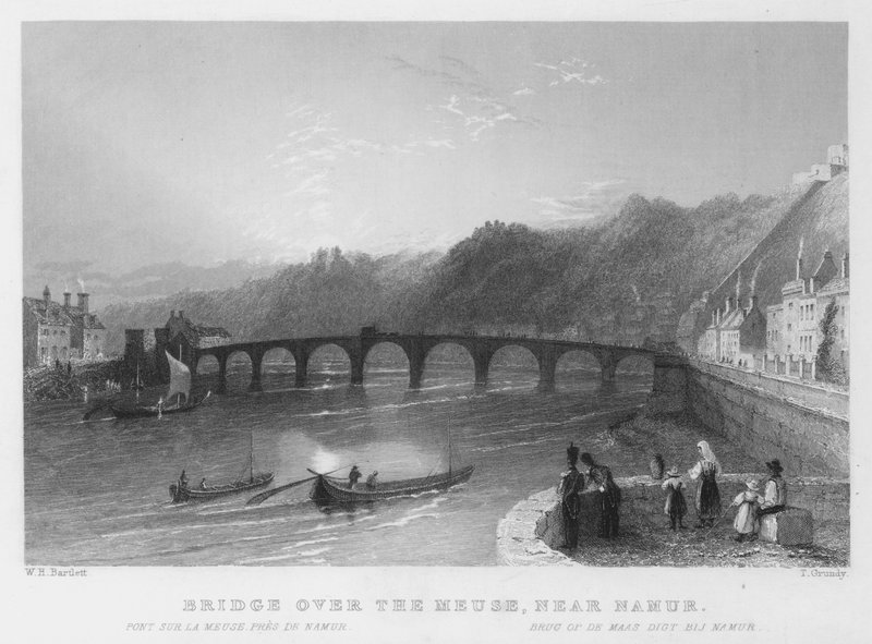 Bro över Meuse, nära Namur (gravyr) av William Henry Bartlett