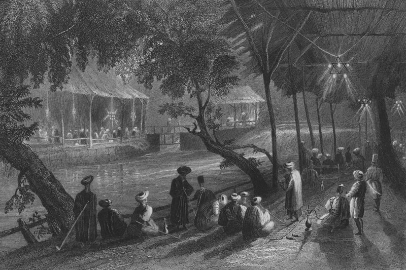 Kaféer i Damaskus, på en gren av Barrada, den antika Pharpar av William Henry Bartlett