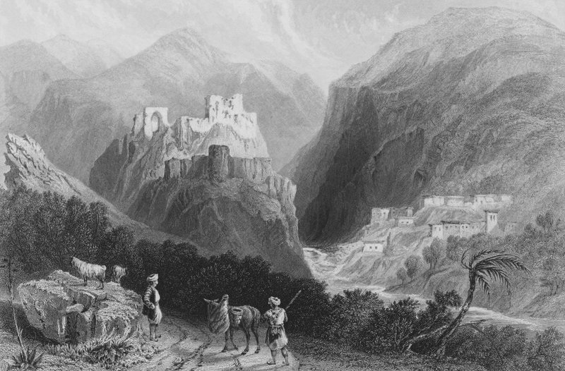 Slottet i Mount Amana, nära Khan Karamont av William Henry Bartlett