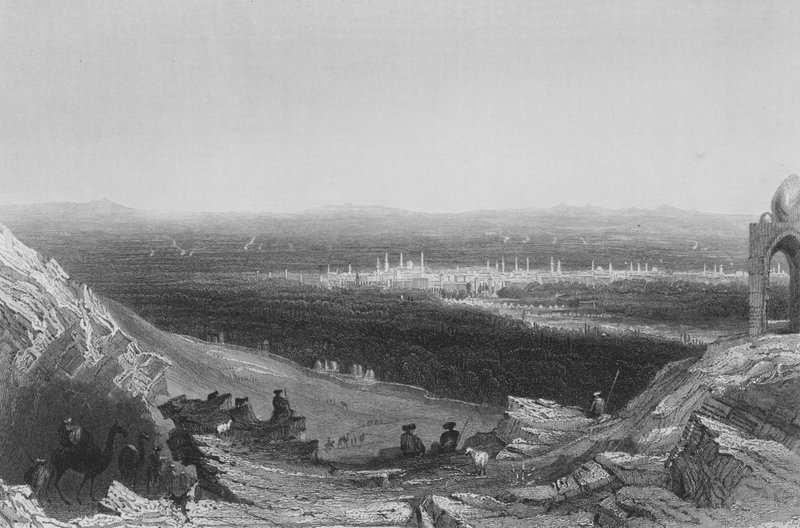 Damaskus, avlägsen utsikt från bergssidan av William Henry Bartlett
