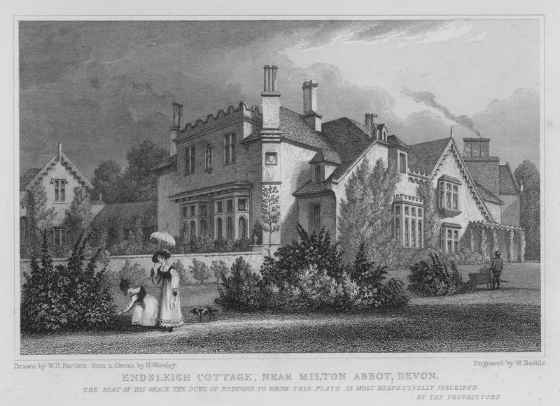 Endsleigh Cottage, nära Milton Abbot, Devon (gravyr) av William Henry Bartlett