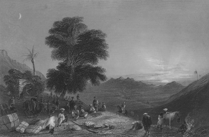 Stopp av en karavan i öknen i Girgola, nära berget Amanus av William Henry Bartlett