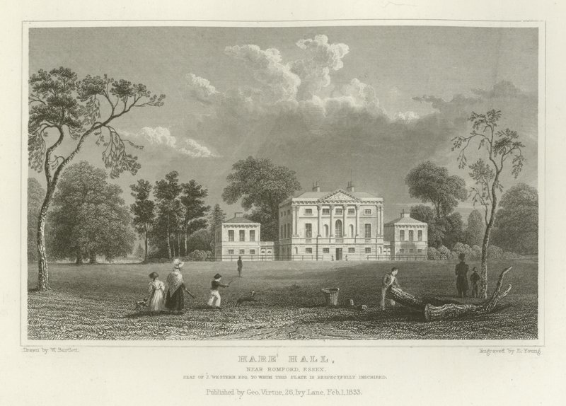 Hare Hall, nära Romford, Essex, Seat of J Western, Esquire av William Henry Bartlett