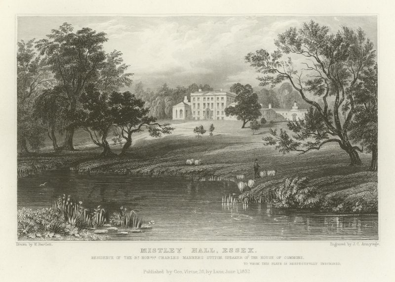 Mistley Hall, Essex, residens för högern Charles Manners Sutton, talman för underhuset av William Henry Bartlett