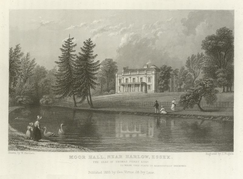Moor Hall, nära Harlow, Essex, säte för Thomas Perry, Esquire av William Henry Bartlett
