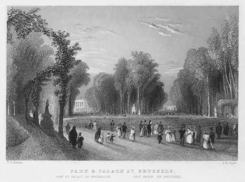 Park och palats i Bryssel (gravyr) av William Henry Bartlett