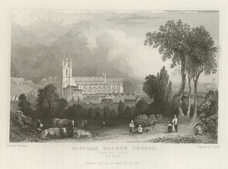 Saffron Walden kyrka, från söder, Essex av William Henry Bartlett