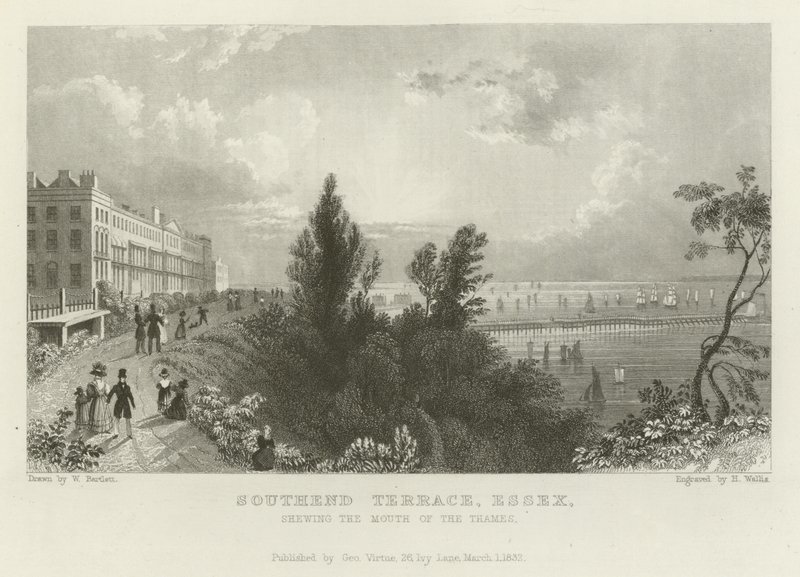 Southend Terrace, Essex, med utsikt över Themsens mynning. av William Henry Bartlett