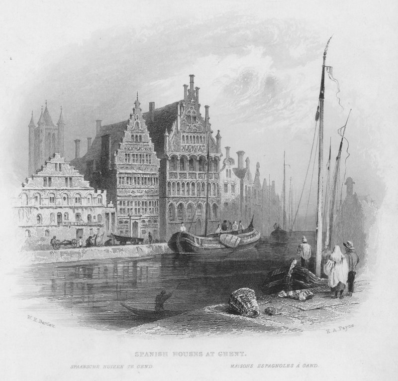 Spanska hus i Gent (gravyr) av William Henry Bartlett