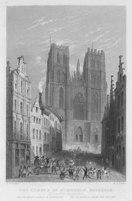 St Gudule-kyrkan, Bryssel, Carnival Masquerade (gravyr) av William Henry Bartlett