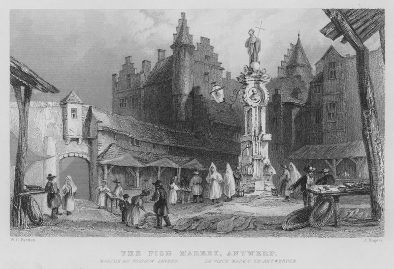 Fiskmarknaden, Antwerpen (gravyr) av William Henry Bartlett