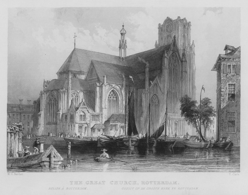 Den stora kyrkan, Rotterdam (gravyr) av William Henry Bartlett
