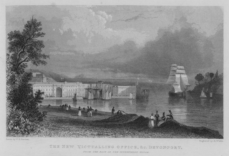 Det nya proviantkontoret, etc, Devonport, från baksidan av regeringshuset (gravyr) av William Henry Bartlett