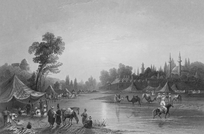 Floden Barrada, den antika Pharpar, en flod i Damaskus av William Henry Bartlett
