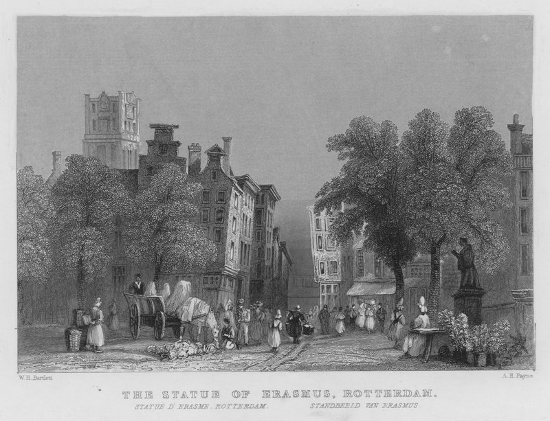 Statyn av Erasmus, Rotterdam (gravyr) av William Henry Bartlett