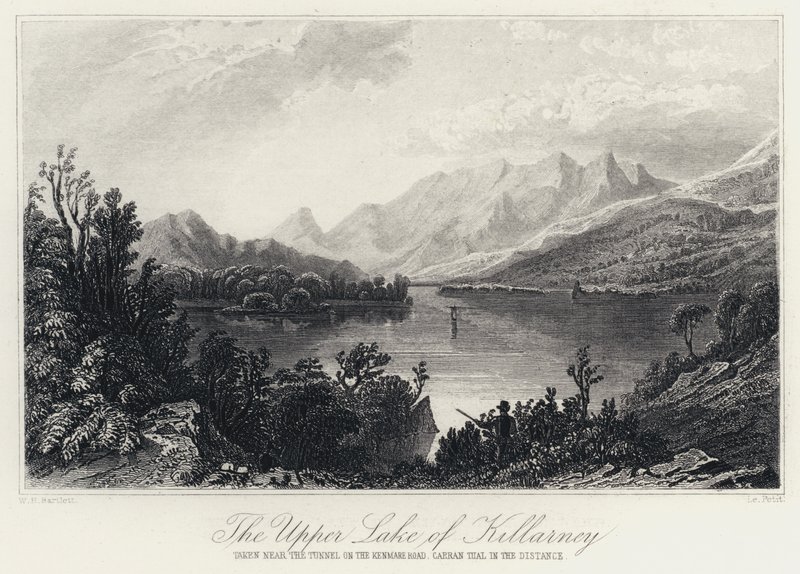 Upper Lake of Killarney, tagen nära tunneln på Kenmare Road, Carran Tual i fjärran (gravyr) av William Henry Bartlett