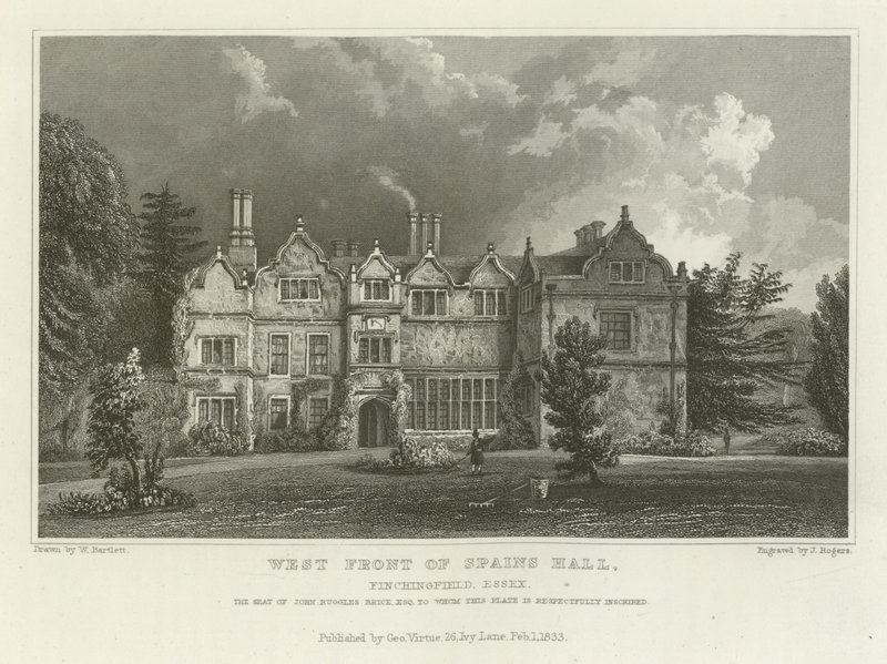 Västra framsidan av Spains Hall, Finchingfield, Essex, säte för John Ruggles Brice, Esquire av William Henry Bartlett