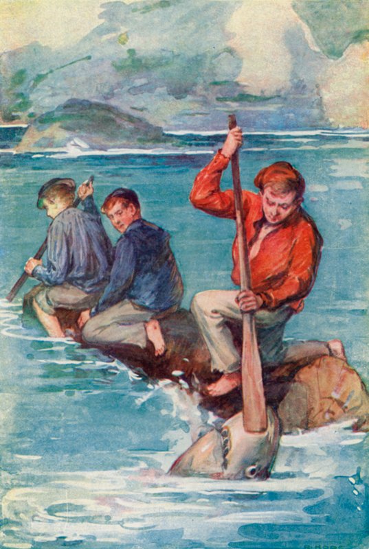 Jack stack genast in paddeln i monstrets ohyggliga käftar och tryckte ner den i halsen på den. av William Henry Charles Groome