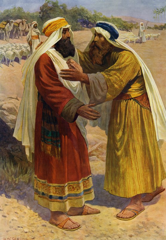 Mötet mellan Jakob och Esau (färg litho) av William Henry Charles Groome