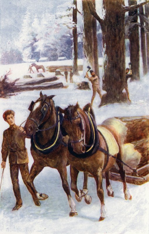 "En del ägnade sig åt att fälla träd, andra med hästar som släpar stammarna, placerade på slädar, över den hårda snön" (färg litho) av William Henry Charles Groome