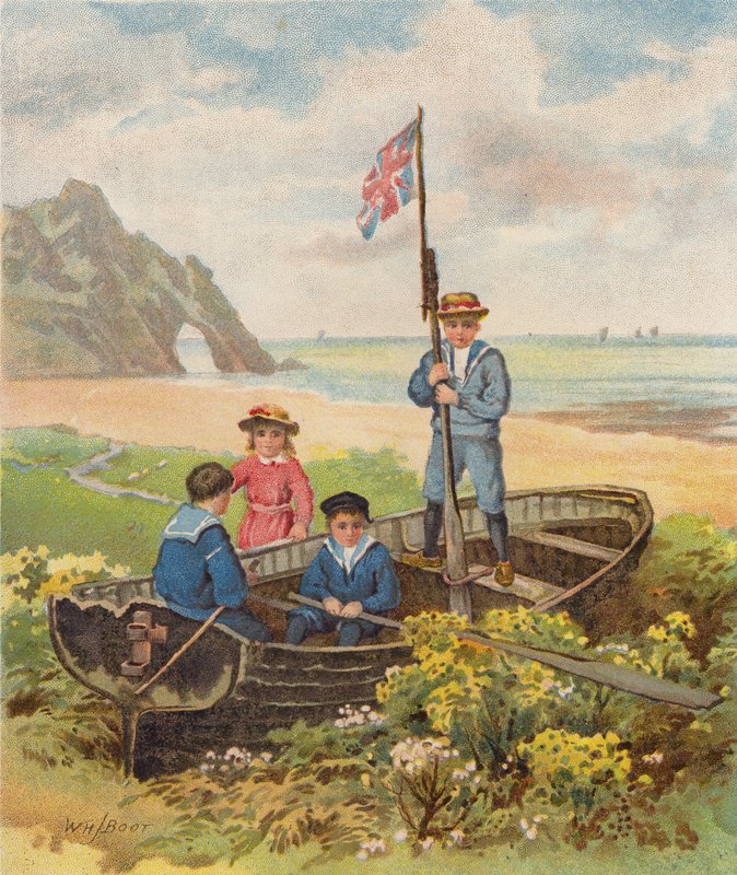 Barn leker i en båt på stranden (chromolitho) av William Henry James (after) Boot