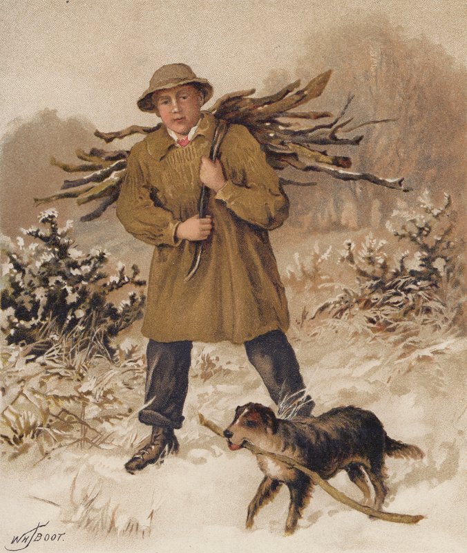 Man och hund samlar ved (chromolitho) av William Henry James (after) Boot