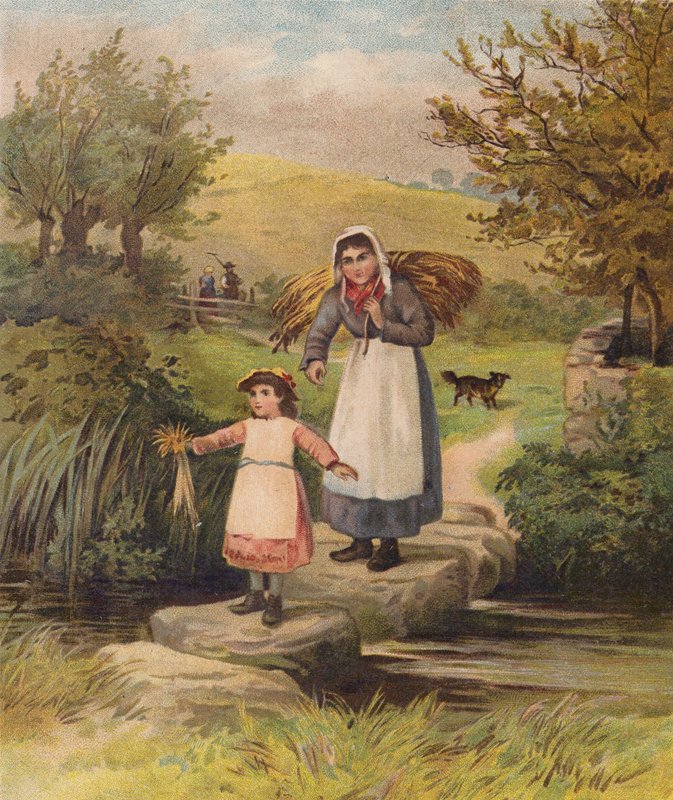 Kvinna och flicka korsar en bäck över trappstenar (chromolitho) av William Henry James (after) Boot