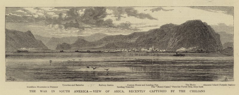 Kriget i Sydamerika, vy över Arica, som nyligen erövrats av chilianarna av William Henry James Boot