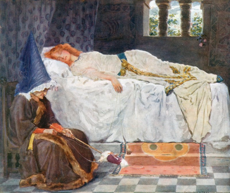 Hennes ögon var slutna och hennes hår, vidrört av solskenet, låg som guldtrådar på den snöiga kudden av William Henry Margetson