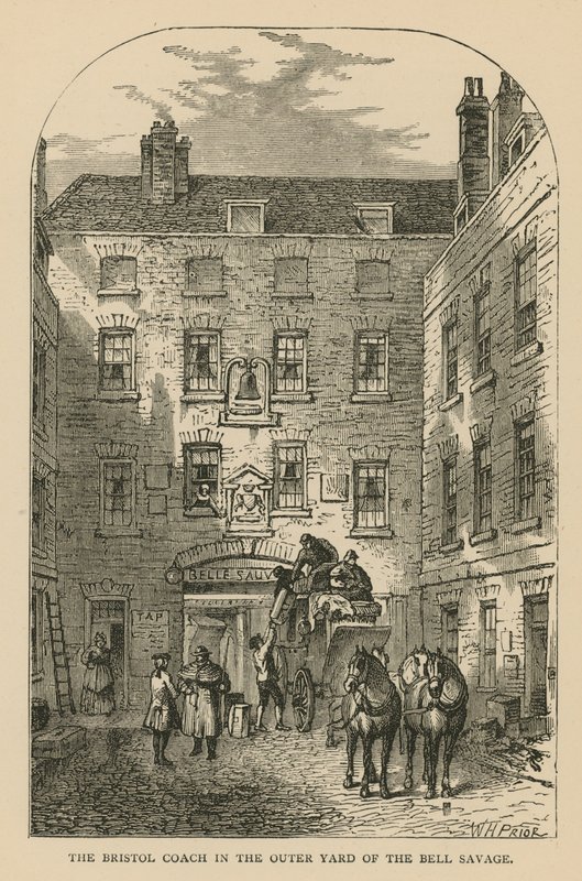 Bristol Coach på den yttre gården till Bell Savage, London av William Henry Prior