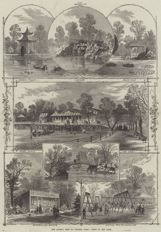 Drottningens besök i Victoria Park, utsikt i parken av William Henry Prior