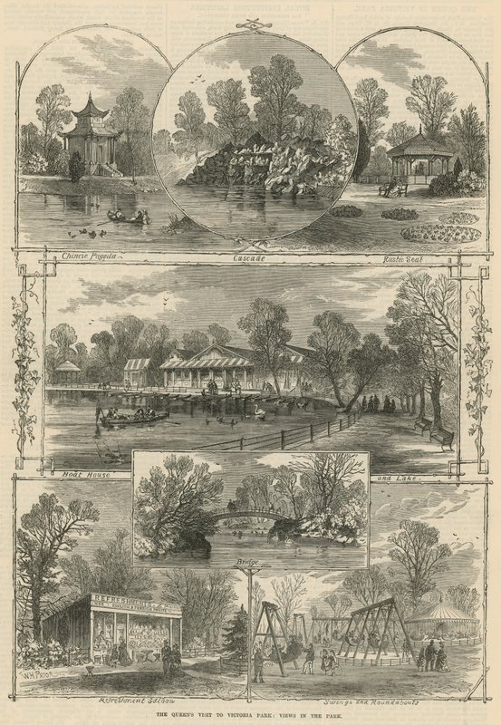 Drottningens besök i Victoria Park: utsikt i parken (gravyr) av William Henry Prior