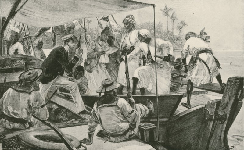 En brittisk sjöofficer som ser över en arabisk slav Dhow (litho) av William Heysham (after) Overend