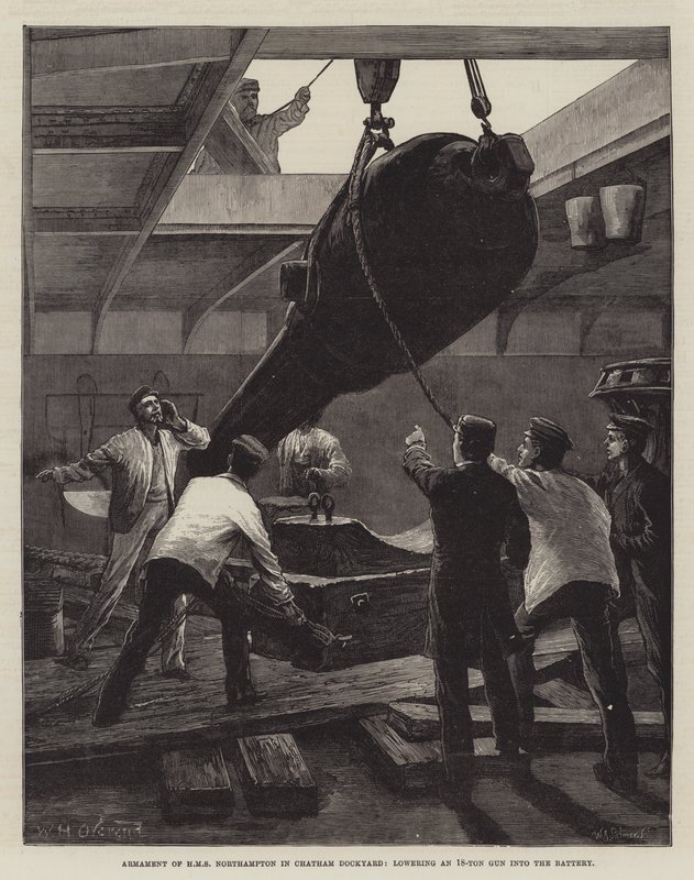HMS Northamptons beväpning på Chatham Dockyard, med en 18-tons kanon i batteriet. av William Heysham Overend
